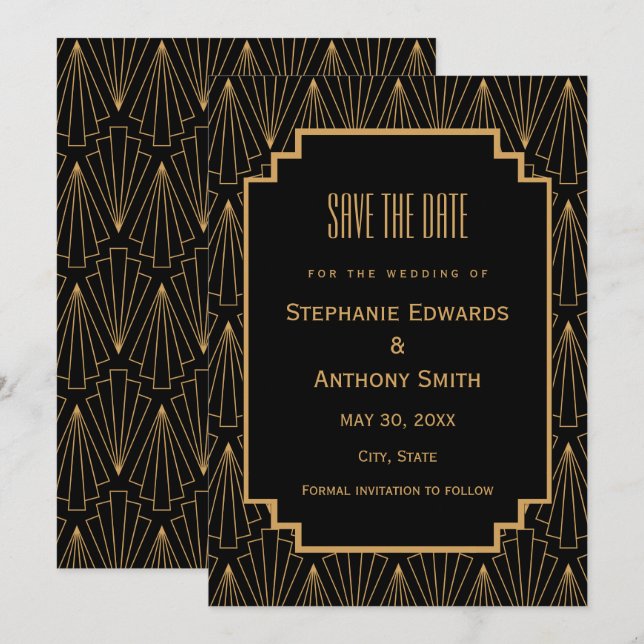 Gold- und Schwarz Art Deco Muster Hochzeit Save The Date (Vorne/Hinten)