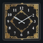 Gold und Schwarz Art Deco Square Diamantrahmen Quadratische Wanduhr<br><div class="desc">"art Deko clock",  "art nouveau clock",  "gold and black",  "1920er quadratisch und diamond",  "stilvoll eleganter Stil 1920",  "Imitats golden",  "Retro Vintag antique",  "elegantes Musterdesign",  "quadratische Uhr",  "altmodisches extravagant"</div>