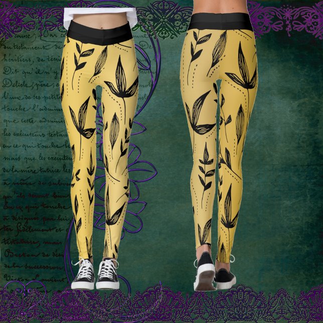Gold und Schwarz Blätter Chic Moderne Kunst Minima Leggings (Gold and Black Leaves Chic Modern Art Minimalist Leggings)