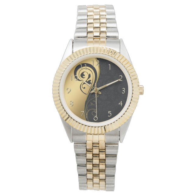 Gold- und Schwarz-Blumen-Design Armbanduhr (Vorderseite)