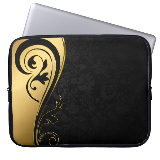 Gold- und Schwarz-Blumen-Design Laptopschutzhülle (Vorderseite)