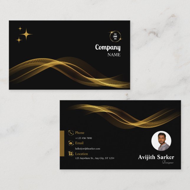 Gold und Schwarz Elegant Modernes Personalisiert Visitenkarte (Vorne/Hinten)