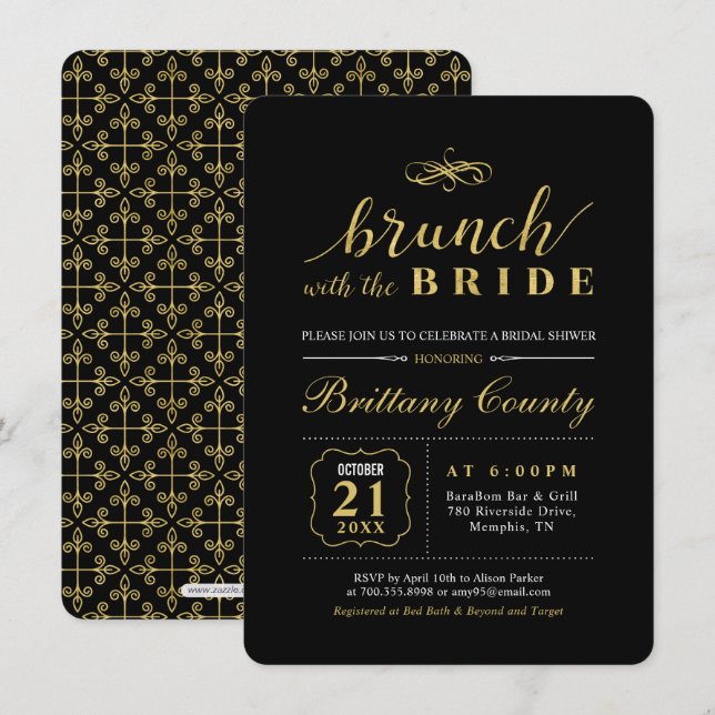 Gold und Schwarz | Elegant Wedding Bridal Brunch Einladung (Vorne/Hinten)
