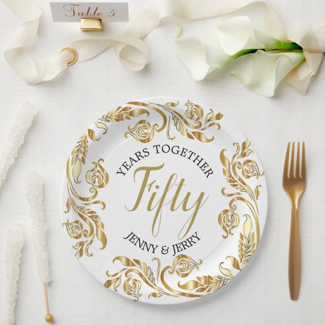 Gold und Schwarz elegante Jubiläumsfolie Pappteller (Hochzeit)
