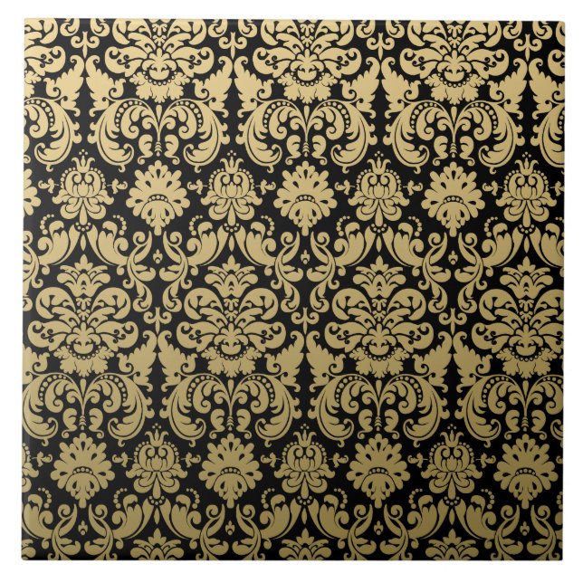 Gold-und Schwarz-elegantes Damast-Muster Fliese (Vorderseite)