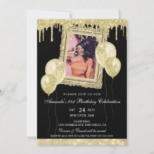 Gold- und Schwarz-Glitter-Drip-Foto-Rahmen-Einladu Einladung