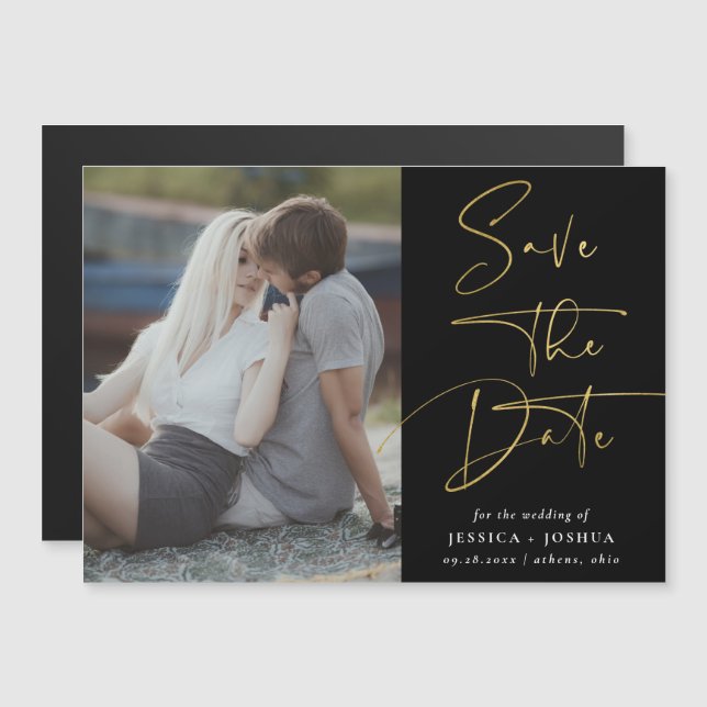 Gold- und Schwarz-Kalligrafie-Foto Save the Date Magneteinladung (Vorne/Hinten)