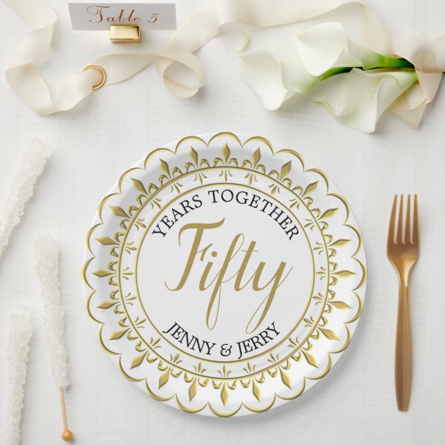 Gold und Schwarz klassisches Jubiläumspapier Pappteller (Hochzeit)