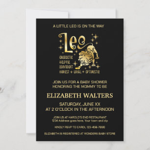 Gold und Schwarz Leo Zodiac Baby Shower Einladung
