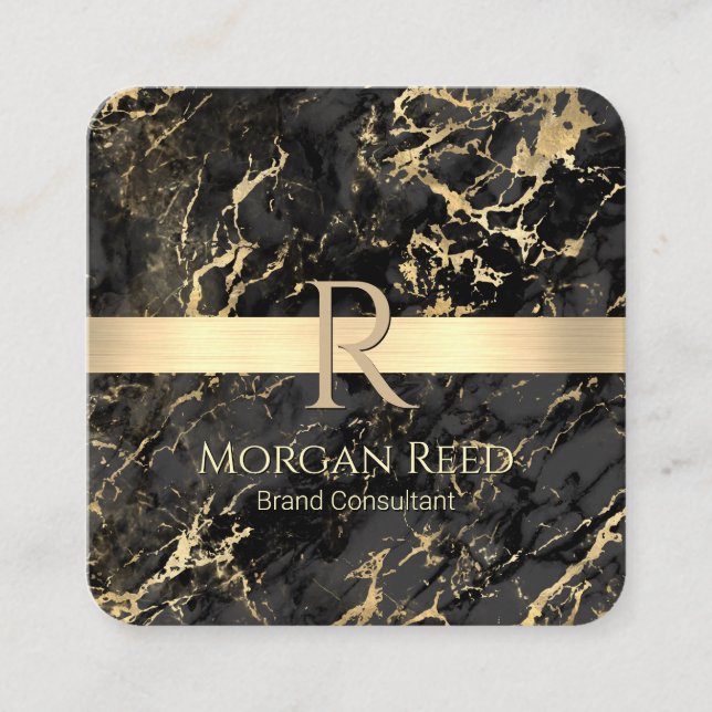 Gold- und Schwarz-Marmor, Gold-Bar, Name Monogram- Quadratische Visitenkarte (Vorderseite)