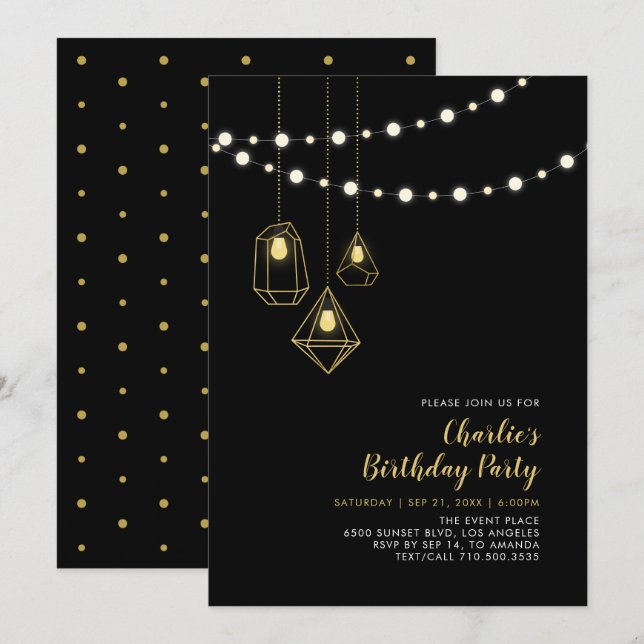 Gold und Schwarz | Modern String Lights Birthday P Einladung (Vorne/Hinten)