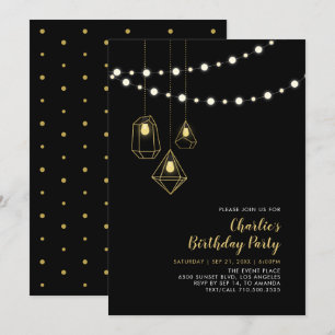 Gold und Schwarz   Modern String Lights Birthday P Einladung