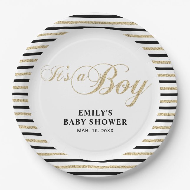 Gold und Schwarz | Moderne Babydusche Party Plättc Pappteller (Vorderseite)