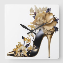 GOLD UND SCHWARZ STILETTO HEELSE MIT BLUME QUADRATISCHE WANDUHR