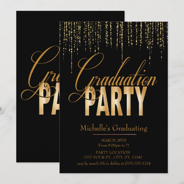 Gold und schwarze Abschluss-Party Einladungen (Vorne/Hinten)