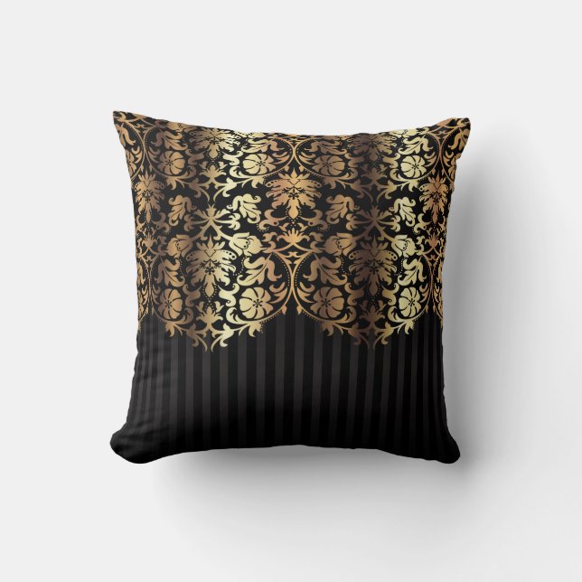 Gold und schwarze Damaskus und Streifen Kissen (Vorderseite)