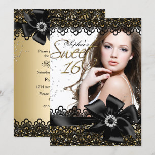 Gold- und schwarze Glitter-Spitzen-Foto-Sweet-16-E Einladung