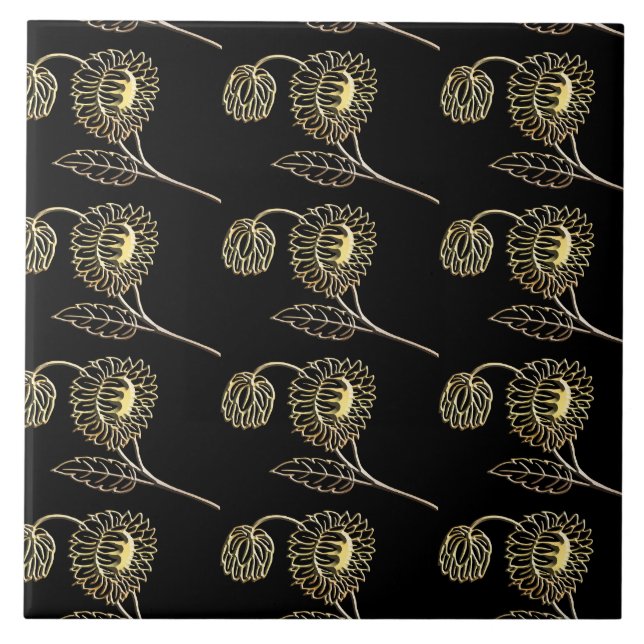 Gold und schwarze Sonnenblumen Naturkunst Muster Fliese (Vorderseite)