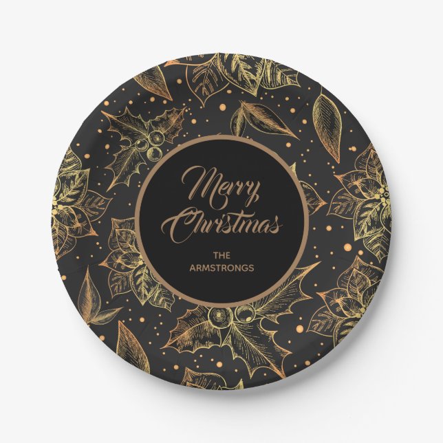 Gold und Schwarze Weihnachtsblumen Pappteller (Vorderseite)