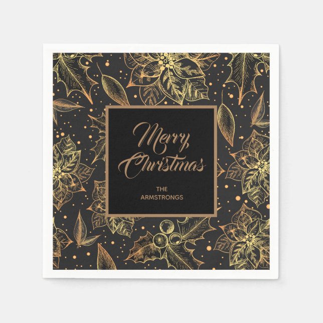 Gold und Schwarze Weihnachtsblumen Serviette (Vorderseite)