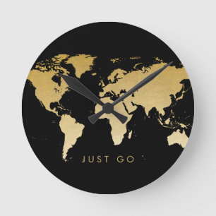 Gold und Schwarze Weltkarte Globe Zeit zum Go Runde Wanduhr