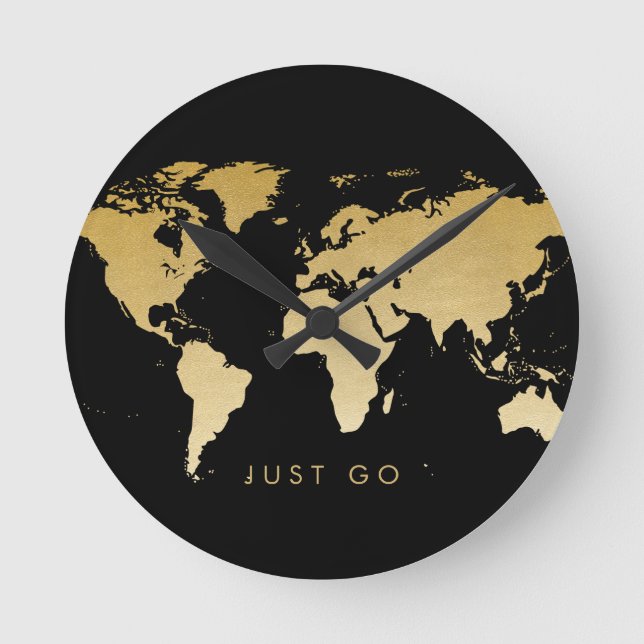 Gold und Schwarze Weltkarte Globe Zeit zum Go Runde Wanduhr (Vorderseite)