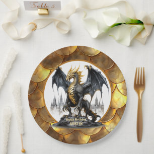 Gold und Schwarzer Drache mit drachenskalierbaren  Pappteller