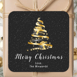 Gold- und schwarzes Band Geschenk Frohe Weihnachte Quadratischer Aufkleber