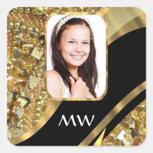 Gold und schwarzes Bling Quadratischer Aufkleber