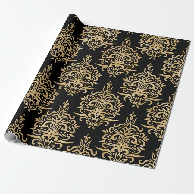Gold und Schwarzes, Damast-Muster Geschenkpapier (Ungerollt)