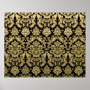 Gold- und schwarzes elegantes Damastmuster Poster