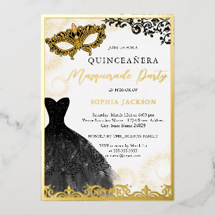 Gold- und schwarzes Kleid Masquerade-Party Quincea Folieneinladung