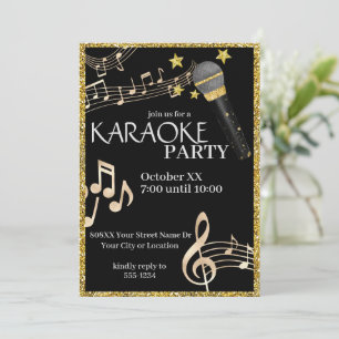 Gold und schwarzes Mikrofon Musik Karaoke-Party Einladung