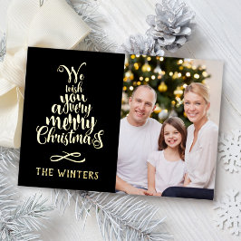 Gold und Schwarzes Weihnachtsbaum Lettern Foto Folien Feiertagskarte