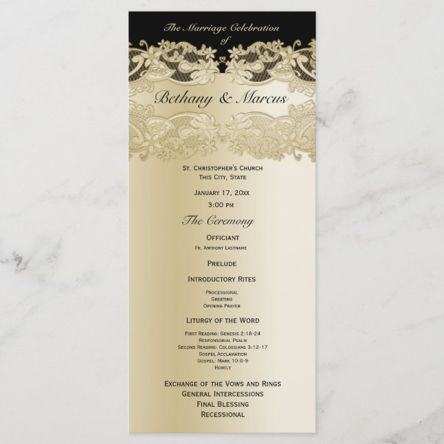 Gold und SchwarzFlorale Hochzeitsprogramm-Lace Programm (Vorderseite)