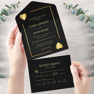 Gold- und Schwarzrahmen-Herz Vegas-Poker-Hochzeit All In One Einladung
