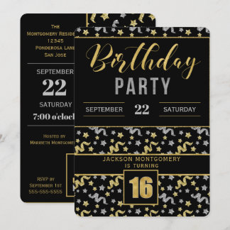 Gold und Silber auf Black 16. Geburtstag Confetti Einladung