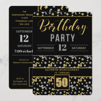 Gold und Silber auf Black 50. Geburtstag Confetti Einladung