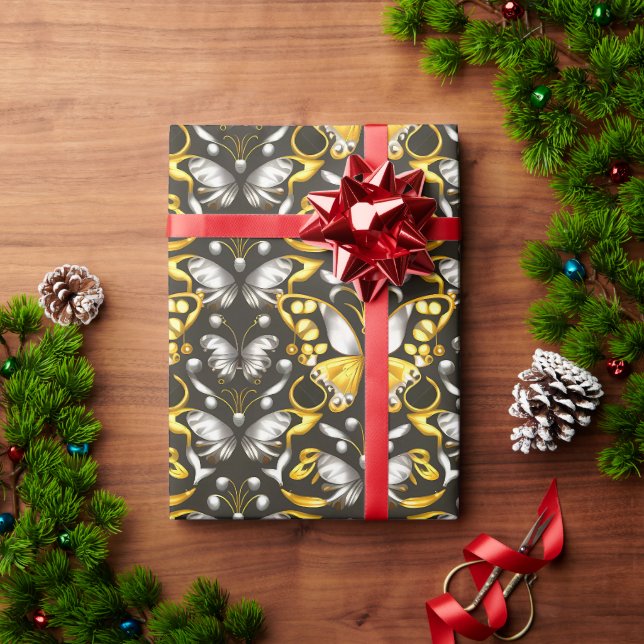 Gold- und Silberschmetterlinge Geschenkpapier (Feiertagsgeschenk)