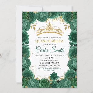 Gold und Smaragde grüne Rose Quinceañera Einladung