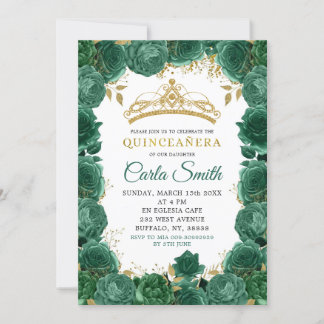 Gold und Smaragde grüne Rose Quinceañera Einladung