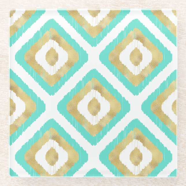 Gold und Türkis Chic Ikat Muster Glasuntersetzer (Vorderseite)
