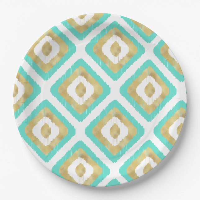 Gold und Türkis Chic Ikat Muster Pappteller (Vorderseite)