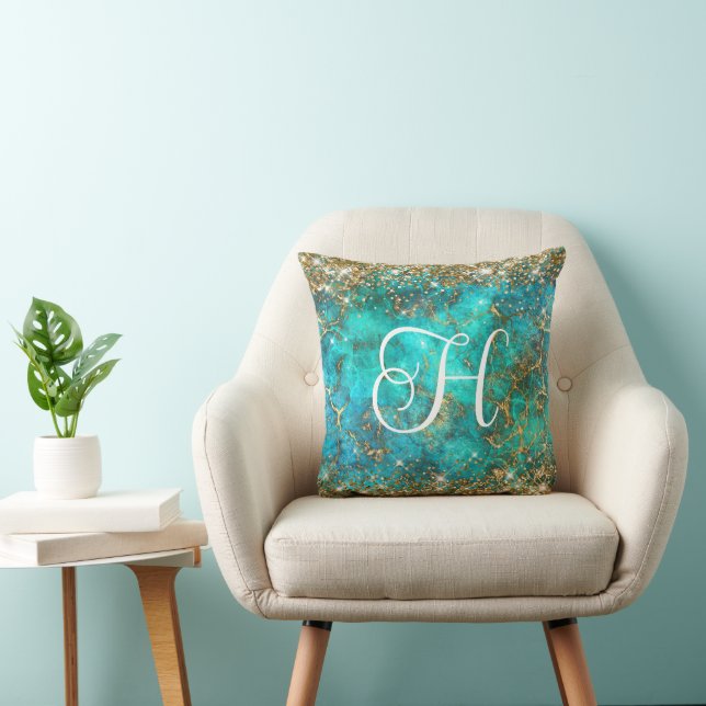 Gold- und Türkis-Edelstein-Glam-Monogramm Kissen (Stuhl )