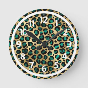 Gold- und Türkis-Glamour-Leopardenprint Runde Wanduhr