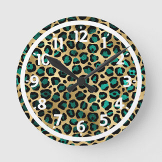 Gold- und Türkis-Glamour-Leopardenprint Runde Wanduhr