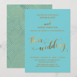 Gold und Türkis Ihre Hochzeitsherzen Schrift Einladung