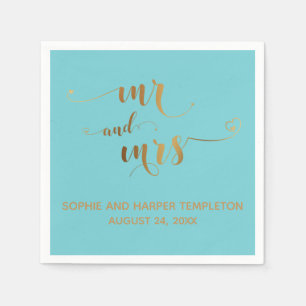 Gold und Türkis Mr und Mrs Kalligrafie mit Herzen Serviette