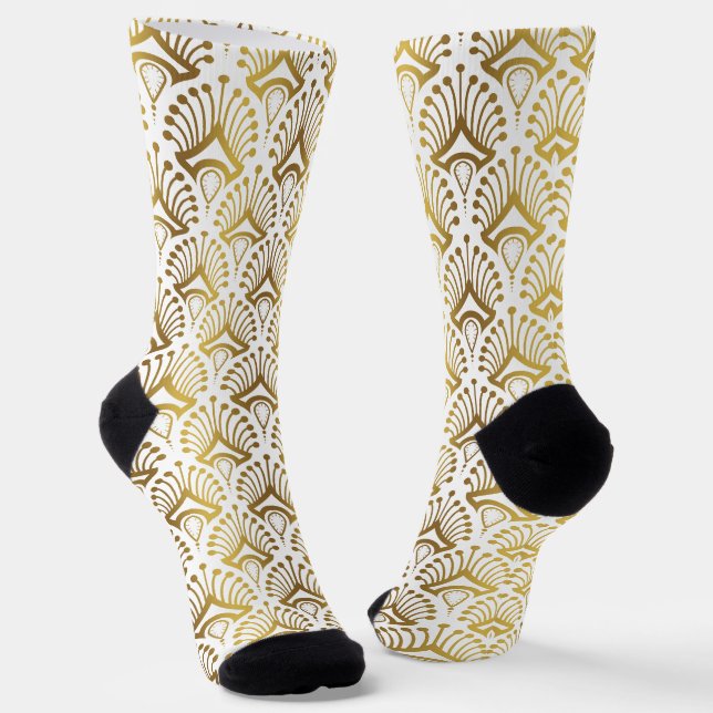 Gold und Weiß Art Deco Muster 3 Socken (Gewinkelt)
