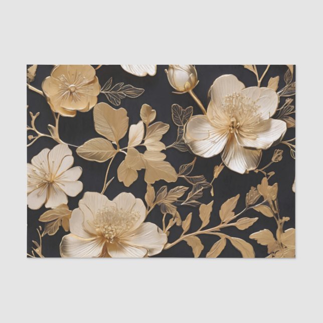 Gold und Weiß Blumenmuster auf Schwarz Seidenpapier (Vorderseite)